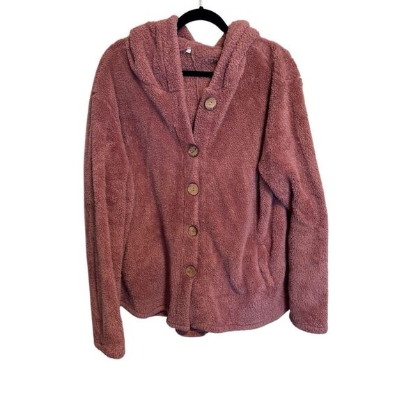 Women’s Cozy Pink Teddy Jacket w/ Cat Ear Hood Button Down Long Sleeve, Size 14 - Picture 2 of 13